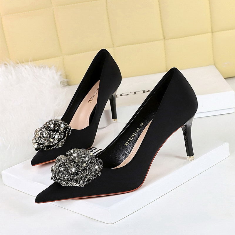 18249-H52 High Heels Women'S Shoes Stiletto Heel Super Heel Satin Shallow Mouth Pointed Rhinestone Rose Shoes - Image 1